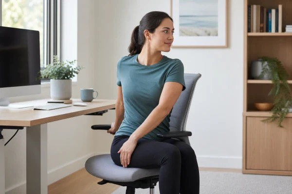 Seated trunk rotation exercise demonstration for spinal mobility at desk